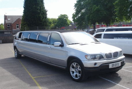 Chauffeur stretched silver BMW X5 limousine hire in Nottingham, Derby, Nottinghamshire, Derbyshire, Midlands.