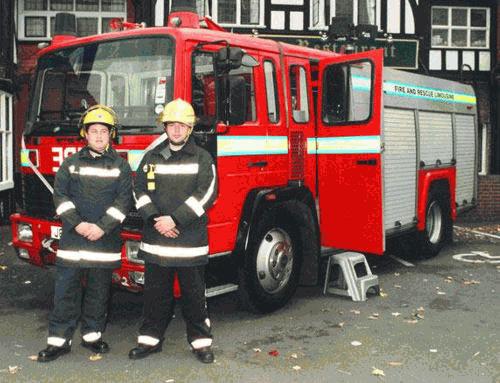 Chauffeur driven Fire Engine red limousine with real firemen for hire in London, Essex, Kent, Surrey Hampshire, Berkshire, Hertfordshire, Buckinghamshire, Suffolk, Norfolk, Cambridgeshire, Bedfordshire and East of England.