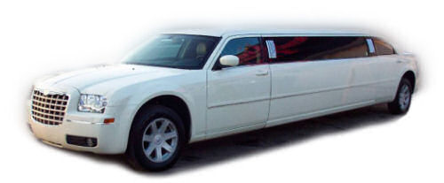 Chauffeur stretched white Chrysler C300 Baby Bentley limo hire in UK.