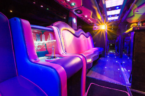 Chauffeur driven Party Bus limousine hire interior in Bristol, Gloucester, Cheltenham, Cardiff, Wales, Weston Super Mare, and Bath.