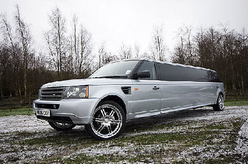 Chauffeur stretch silver Range Rover Sport limo hire in Glasgow, Edinburgh, Scotland